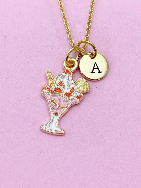 Gold Ice Cream Charm Necklace, Pink Strawberry Ice Cream Sunday Charm, N5716
