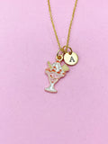 Gold Ice Cream Charm Necklace, Pink Strawberry Ice Cream Sunday Charm, N5716