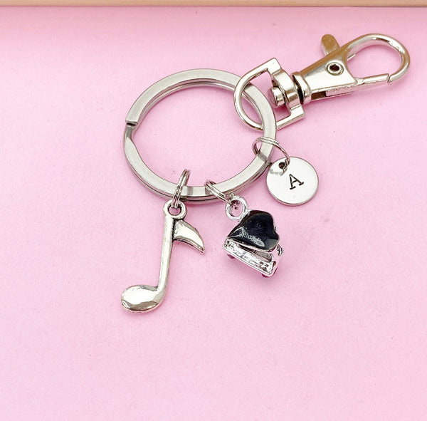 Silver Piano and Music Note Charm Keychain Everyday Gift Ideas Personalized Customized Made to Order Jewelry, CN2567