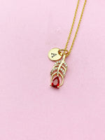 Gold Peacock Feather Charm Necklace, Red Peacock Feather Charm, N5728