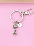 Silver Palm Tree Keychain, Initial Charm, Tropical Keyring