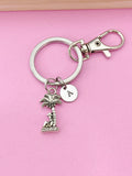 Silver Palm Tree Keychain, Initial Charm, Tropical Keyring