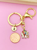 Gold Elephant Keychain, Initial Charm, Wildlife Jewelry, K549
