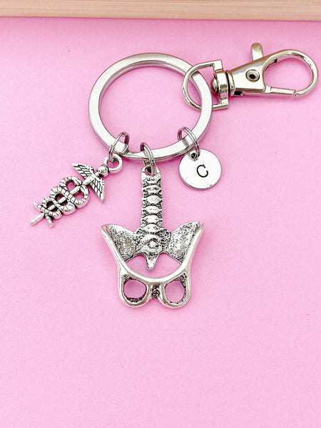 Silver Anatomy Pelvis Bone Caduceus Charm Keychain, Doctor Nurse Medical School Student Gifts, N283B