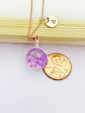 Rose Gold Real Press Purple flower Charm Necklace, N4526