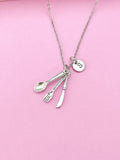 Silver Fork Spoon Knife Charm Necklace, Cutlery Kitchen Utensil Food Drink Chef, Foodie Gift, N2028