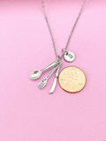 Silver Fork Spoon Knife Charm Necklace, Cutlery Kitchen Utensil Food Drink Chef, Foodie Gift, N2028