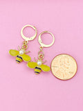 Gold Bee Dangle Earrings, Enamel Charm, Stainless Steel Hooks