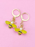 Gold Bee Dangle Earrings, Enamel Charm, Stainless Steel Hooks