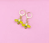 Gold Bee Dangle Earrings, Enamel Charm, Stainless Steel Hooks