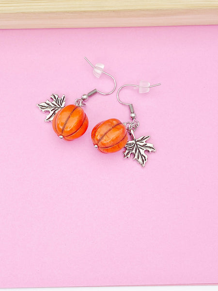 Silver Halloween Earrings, Pumpkin Maple Leaf, Fall Autumn, N3693A