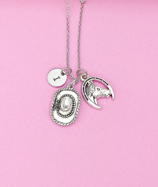Silver Cowboy Cowgirl Necklace, Horse Luck Horseshoe Cowboy Hat Charm, N3309