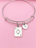 Ace of Spades Charm Bangle Bracelet, Poker Jewelry, Initial Charm