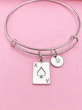 Ace of Spades Charm Bangle Bracelet, Poker Jewelry, Initial Charm