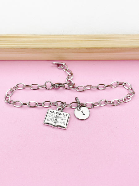 Silver Holy Bible Charm Bracelet, Holy Bible Jewelry Gift, N5752E