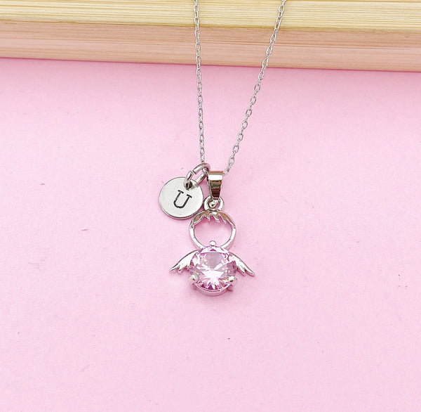 Silver Guardian Angel Charm Necklace, Pink, N2335DD