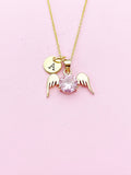 Gold Guardian Angel Wings Charm Necklace, Pink, N5754C