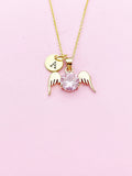 Gold Guardian Angel Wings Charm Necklace, Pink, N5754C