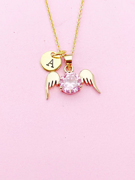 Gold Guardian Angel Wings Charm Necklace, Pink, N5754C
