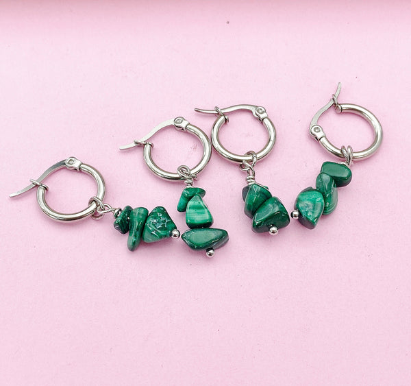 Silver Malachite Earrings Rose Gold and Silver in Option, Natural Gemstone Jewelry, N3976A