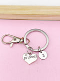 Silver Princess Heart Charm Keychain, Initial Keyring