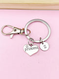 Silver Princess Heart Charm Keychain, Initial Keyring