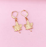 Rose Gold Maple Leaf Dangle Earrings, Stainless Steel Hooks