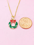 Gold Christmas Wreath Necklace, Red Bow Jewelry