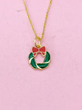 Gold Christmas Wreath Necklace, Red Bow Jewelry