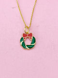 Gold Christmas Wreath Necklace, Red Bow Jewelry