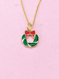Gold Christmas Wreath Necklace, Red Bow Jewelry