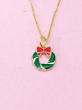 Gold Christmas Wreath Necklace, Red Bow Jewelry