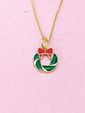 Gold Christmas Wreath Necklace, Red Bow Jewelry