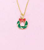 Gold Christmas Wreath Necklace, Red Bow Jewelry