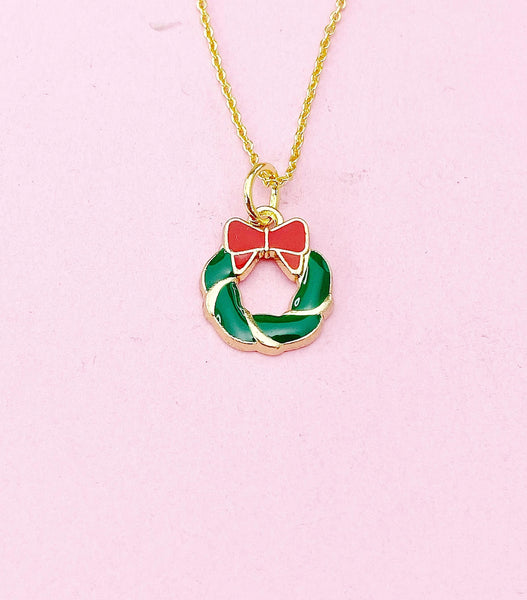 Gold Christmas Wreath Charm Necklace, Red Green Bowknot Wreath Jewelry, Personalized Gift, Christmas Gift, N615
