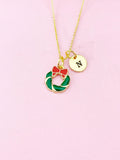 Gold Christmas Wreath Charm Necklace, Personalized Customized Gifts, N614