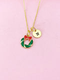 Gold Christmas Wreath Charm Necklace, Personalized Customized Gifts, N614