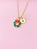 Gold Christmas Wreath Charm Necklace, Personalized Customized Gifts, N614