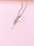Silver Lacrosse Stick Necklace, Initial Charm, Sport Jewelry