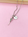 Silver Lacrosse Stick Necklace, Initial Charm, Sport Jewelry