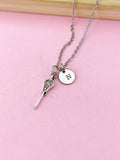 Silver Lacrosse Stick Necklace, Initial Charm, Sport Jewelry