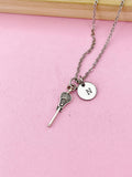 Silver Lacrosse Stick Necklace, Initial Charm, Sport Jewelry
