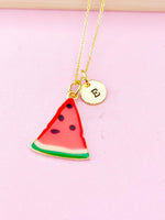 Gold Red Green Watermelon Charm Necklace, Summer Jewelry Gift, Personalized Initial Gift, N2099F