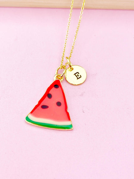Gold Red Green Watermelon Charm Necklace, Summer Jewelry Gift, Personalized Initial Gift, N2099F