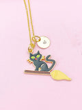 Gold Black Cat Riding Broom Charm Necklace, N2578