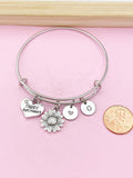 Sunflower Charm Bracelet, Happy Retirement Gift, Initial Bangle