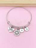 Sunflower Charm Bracelet, Happy Retirement Gift, Initial Bangle