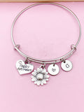 Sunflower Charm Bracelet, Happy Retirement Gift, Initial Bangle