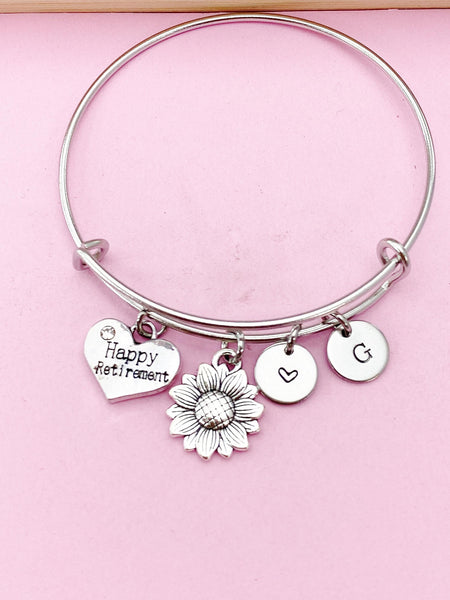 Silver Happy Retirement Bracelet, Sunflower Charm Bracelet, Happy Retirement Gift, N965