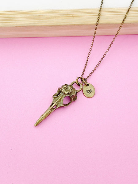 Bronze Halloween Raven Bird Skull Necklace, Gold and Silver Option, Gothic Jewelry, Personalized Gift, N975Z